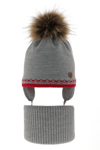 Ensemble d'hiver garçon: bonnet et snood, gris, avec pompon, Elpis
