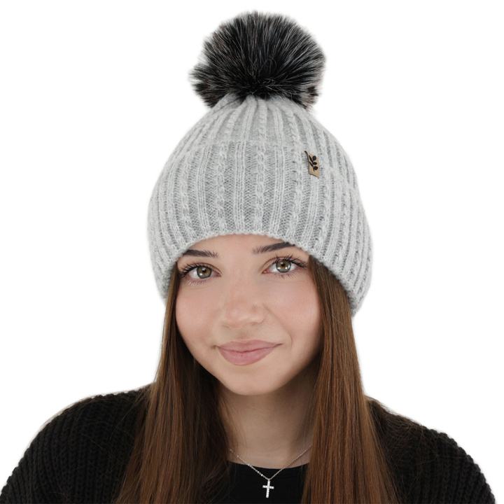 Bonnet d'hiver femme, gris, avec pompon, Calista