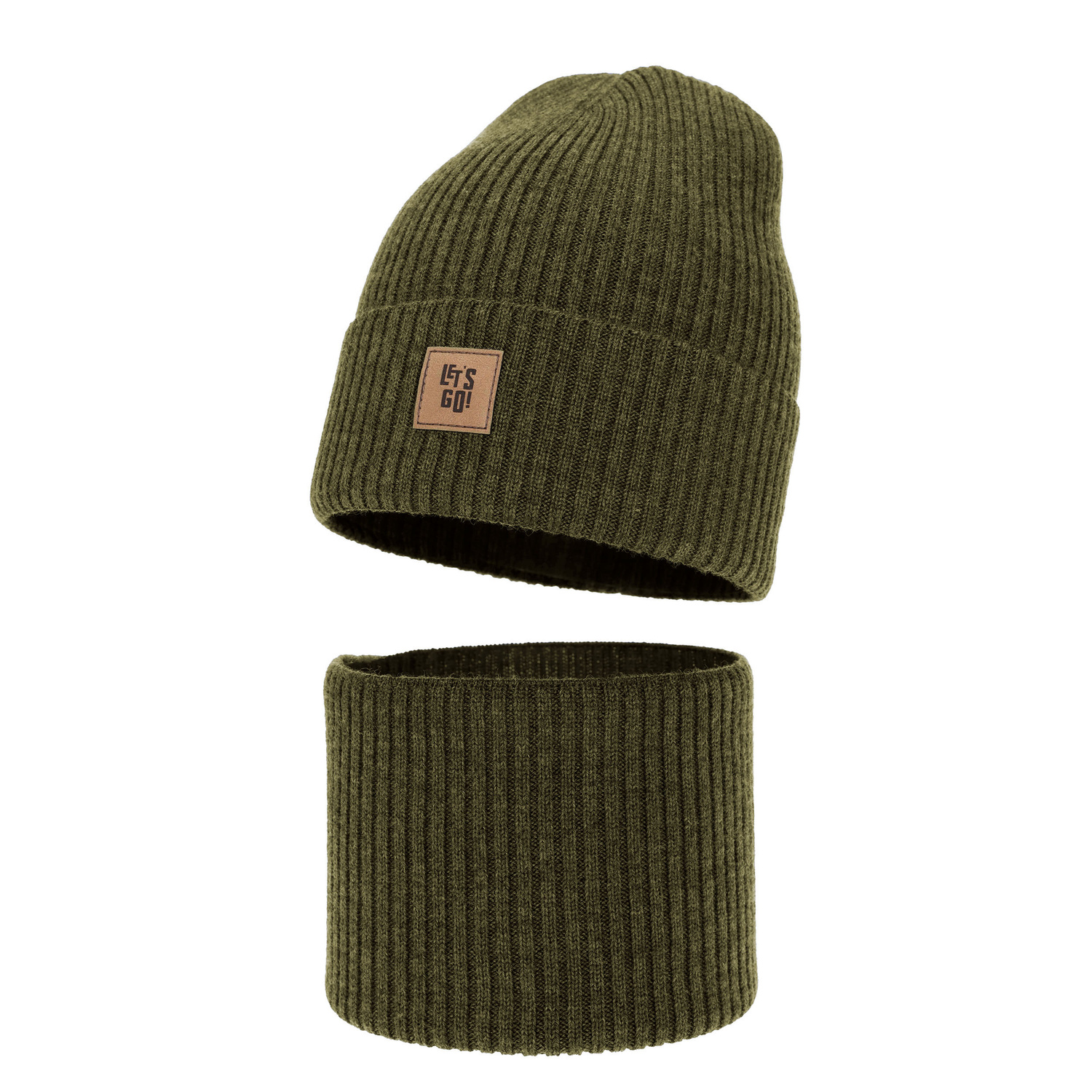 Ensemble bonnet et tour de cou garçon, automne, printemps khaki 100% laine mérinos Vanto