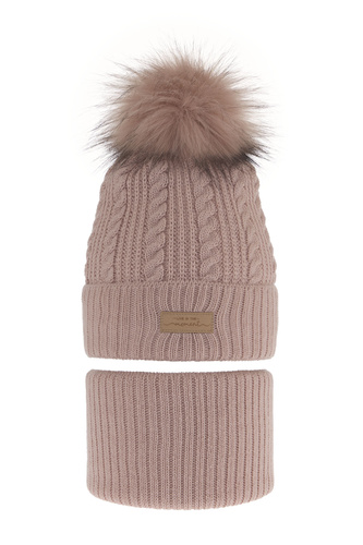Ensemble d'hiver fille: bonnet et snood, rose, avec pompon, Alika