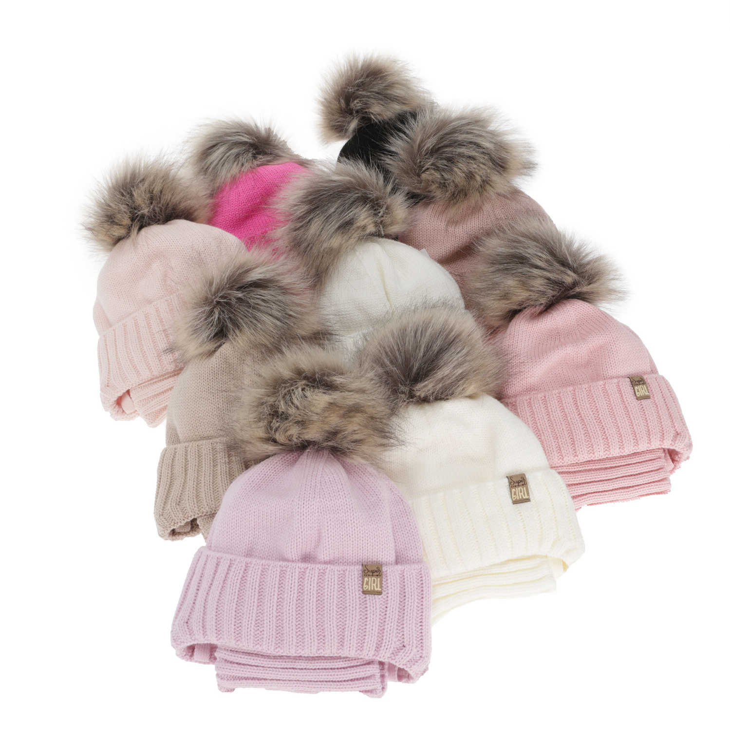 Ensemble d'hiver fille: bonnet et snood, blanc, avec pompon, Primula