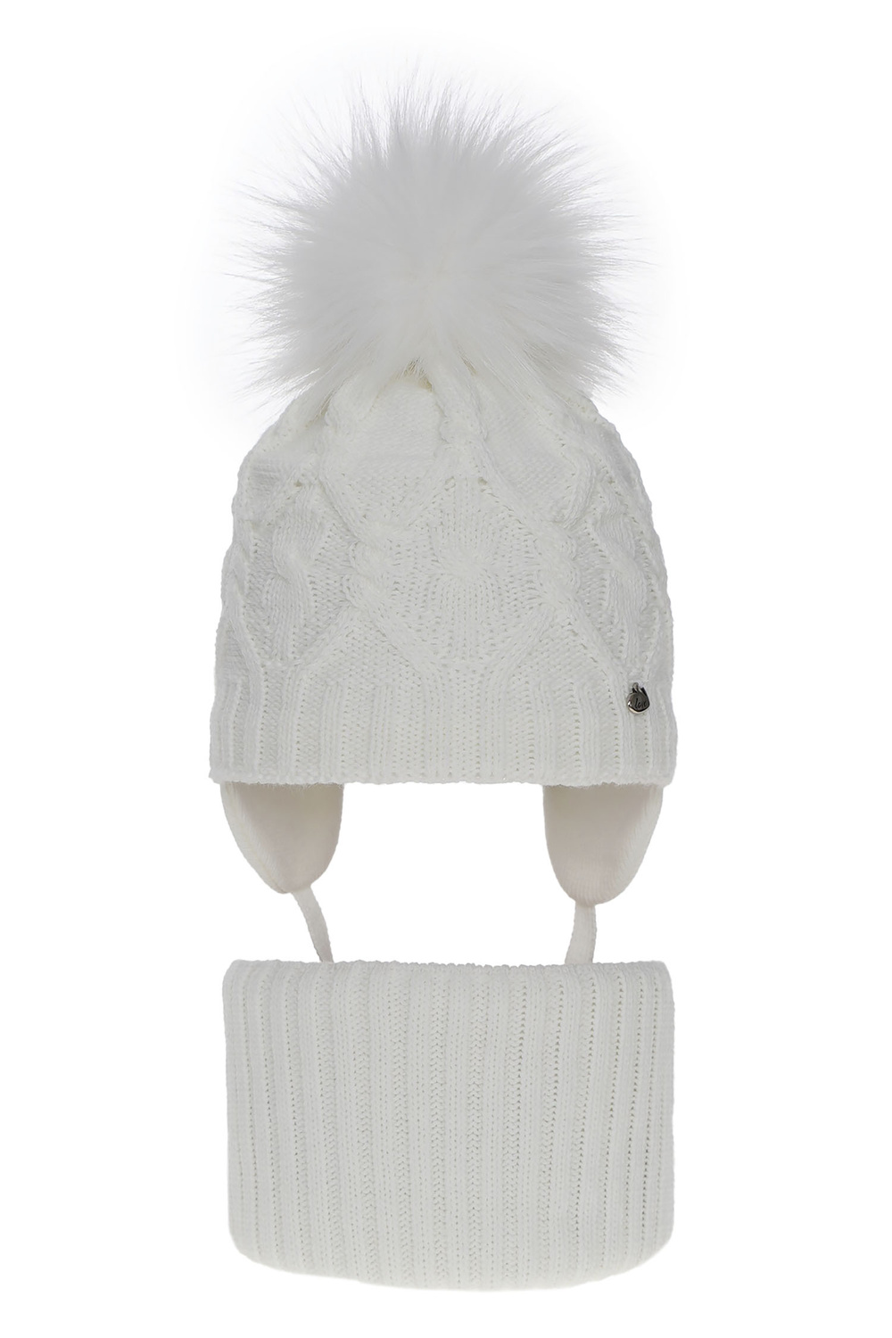 Ensemble d'hiver fille: bonnet et snood, blanc, avec pompon, Elena