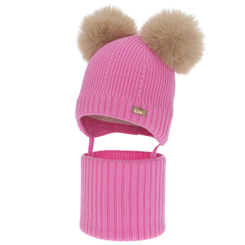 Ensemble bonnet et tour de cou fille, hiver, rose, 100% laine mérinos, doublé polaire laine, Lumia