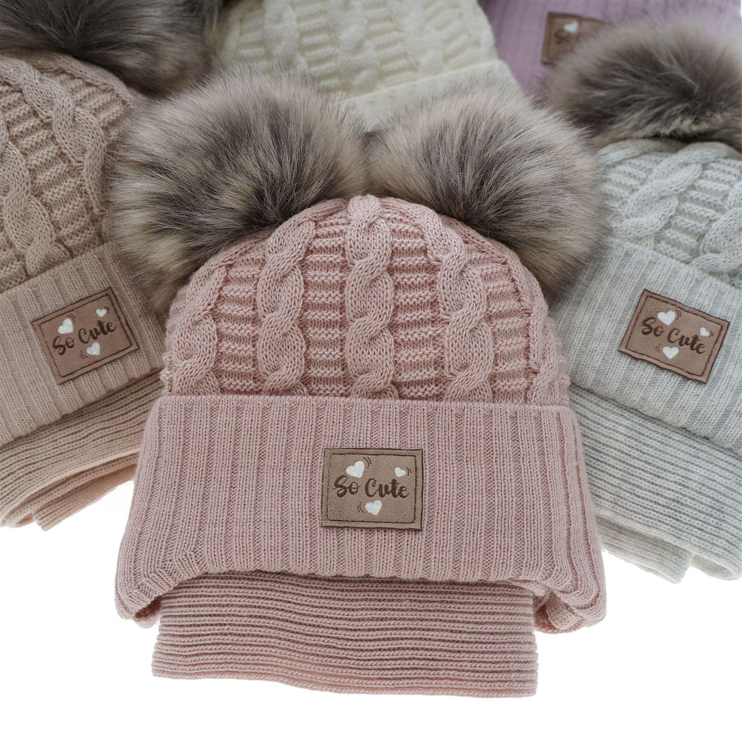 Ensemble d'hiver fille: bonnet et écharpe, gris, avec deux pompons, avec fil brillant, Klarita