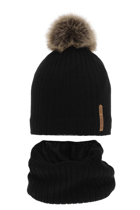 Ensemble d'hiver garçon: bonnet et snood, noir, avec pompon, doublé de polaire, Kalen