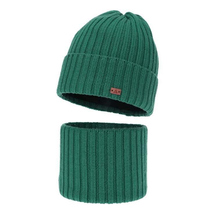 Ensemble d'hiver garçon: bonnet et snood, szmaragdowy, 100% Laine Mérinos, Umberto