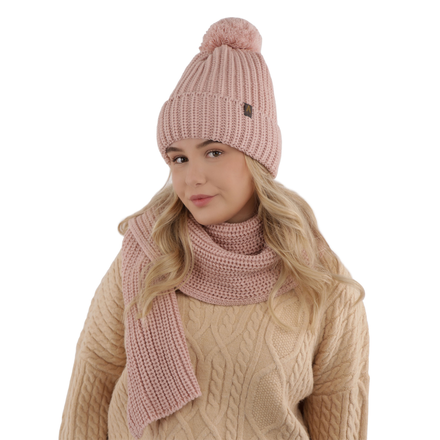 Ensemble d'hiver femme: bonnet et écharpe, rose, avec pompon, Lupita