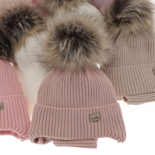 Ensemble d'hiver fille: bonnet et snood, blanc, avec liens, avec pompon, Bria