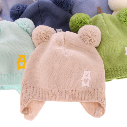 Bonnet automne/printemps garçon, beige, avec deux pompons, avec liens, Barney