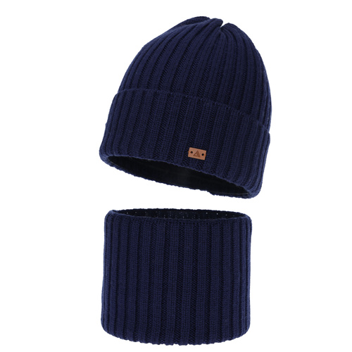 Ensemble d'hiver garçon: bonnet et snood, bleu marine, 100% Laine Mérinos, Umberto