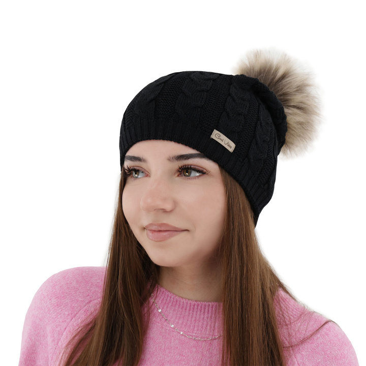 Bonnet d'hiver femme, noire, avec laine mérinos, Bafi