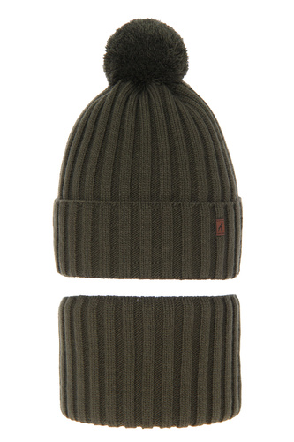 Ensemble d'hiver garçon: bonnet et snood, khaki, avec pompon, Wiliam