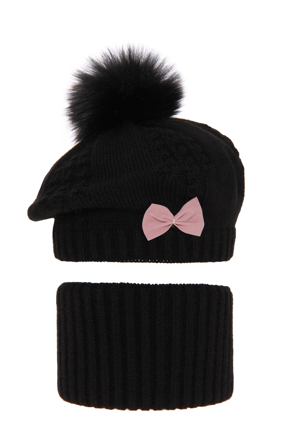 Ensemble d'hiver fille: bonnet et snood, noir, avec pompon, Amora