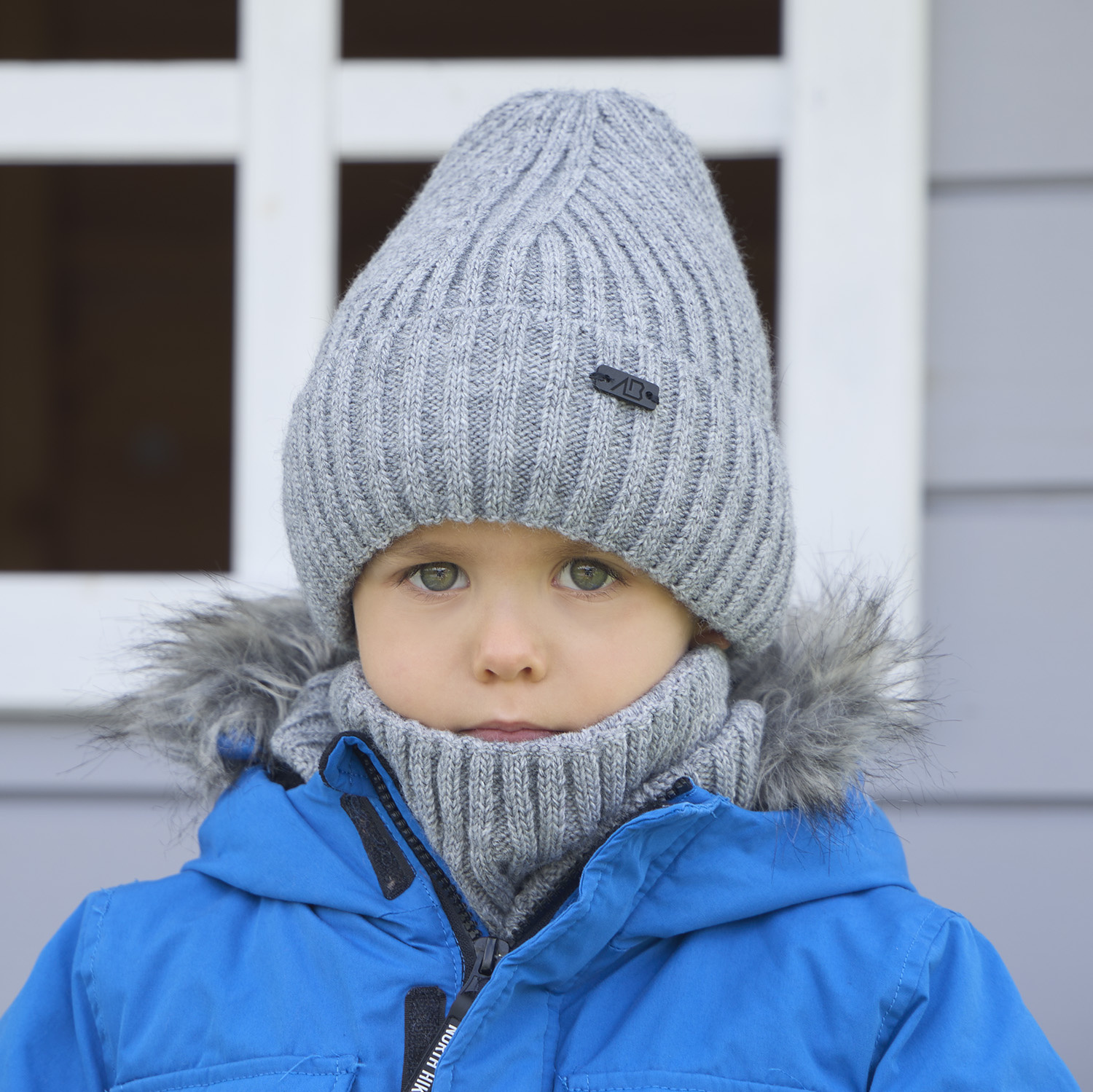 Ensemble d'hiver garçon: bonnet et snood, gris, Zeno