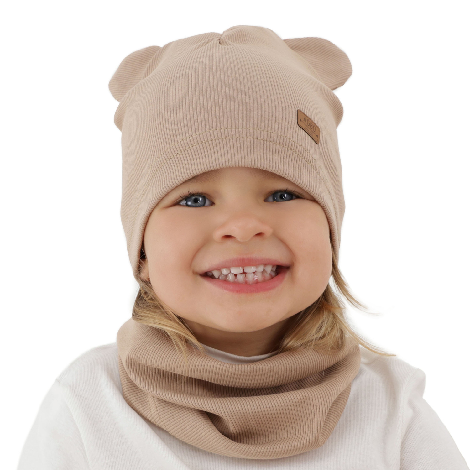 Ensemble automne/printemps fille: bonnet et snood, en coton, beige Georgea