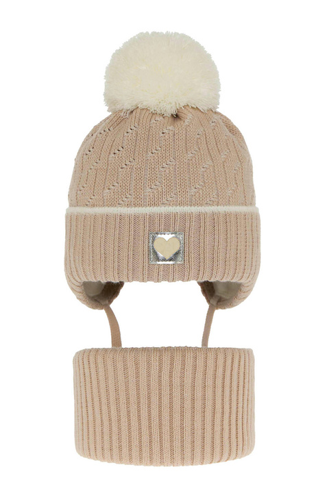 Ensemble d'hiver fille: bonnet et snood, beige, avec pompon, Natka