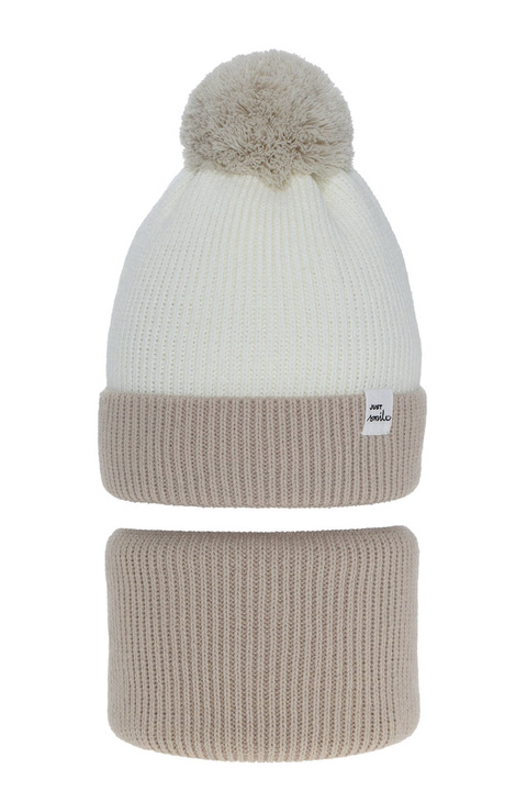 Ensemble d'hiver fille: bonnet et snood, beige, avec pompon, Rosalin