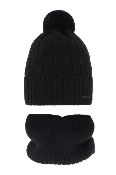 Ensemble d'hiver garçon: bonnet et snood, noir, avec pompon, avec laine mérinos, Talar