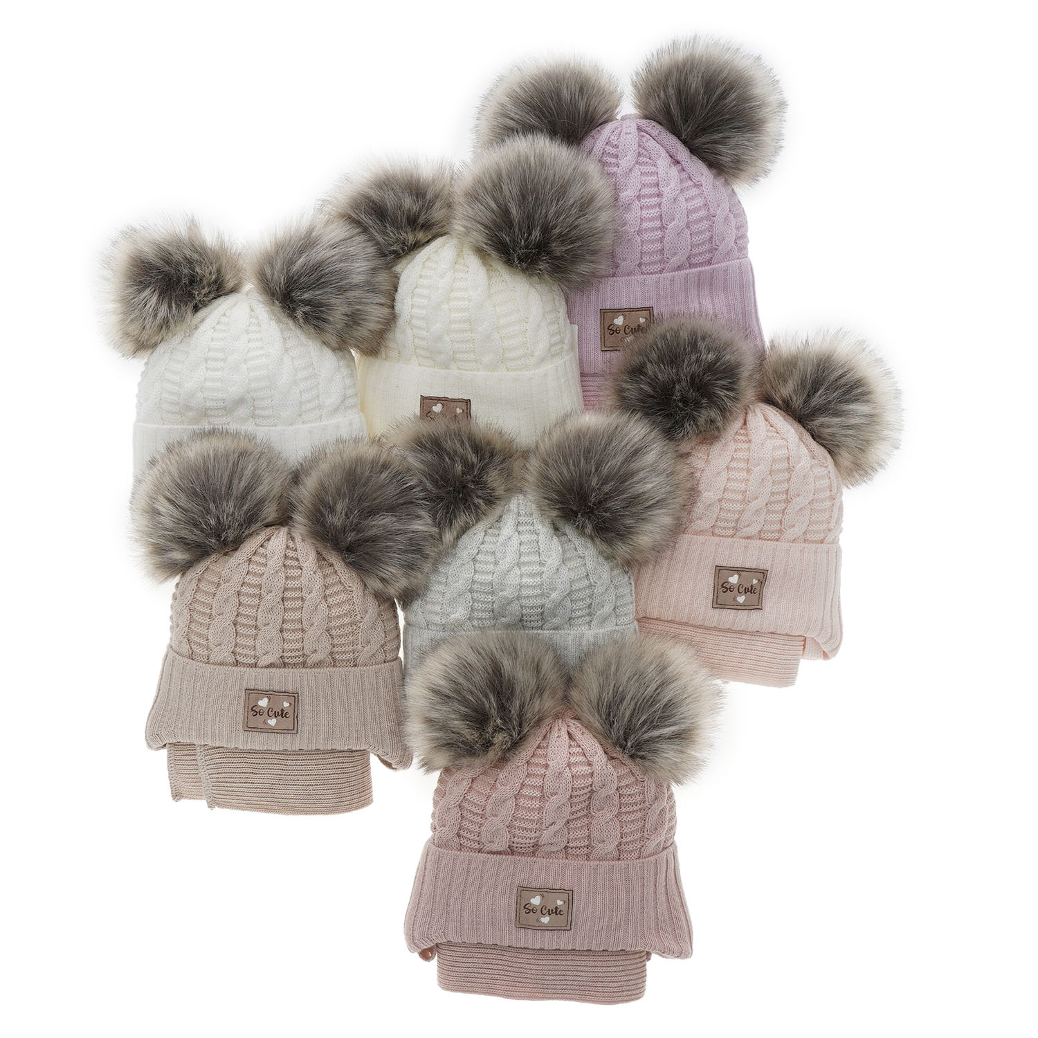 Ensemble d'hiver fille: bonnet et écharpe, lilas, avec deux pompons, avec fil brillant, wiązany Klarita