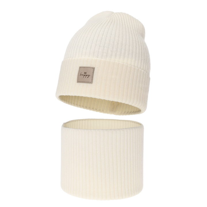 Ensemble automne/printemps fille: bonnet et snood, crème, avec laine mérinos, Vanita