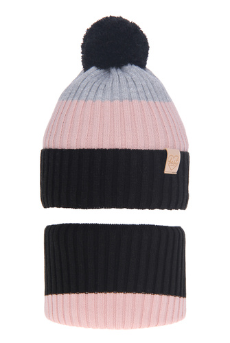 Ensemble d'hiver fille: bonnet et snood, noir, avec pompon, Indiana