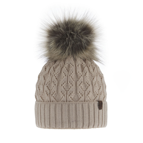 Bonnet d'hiver femme, beige, avec pompon, Katty