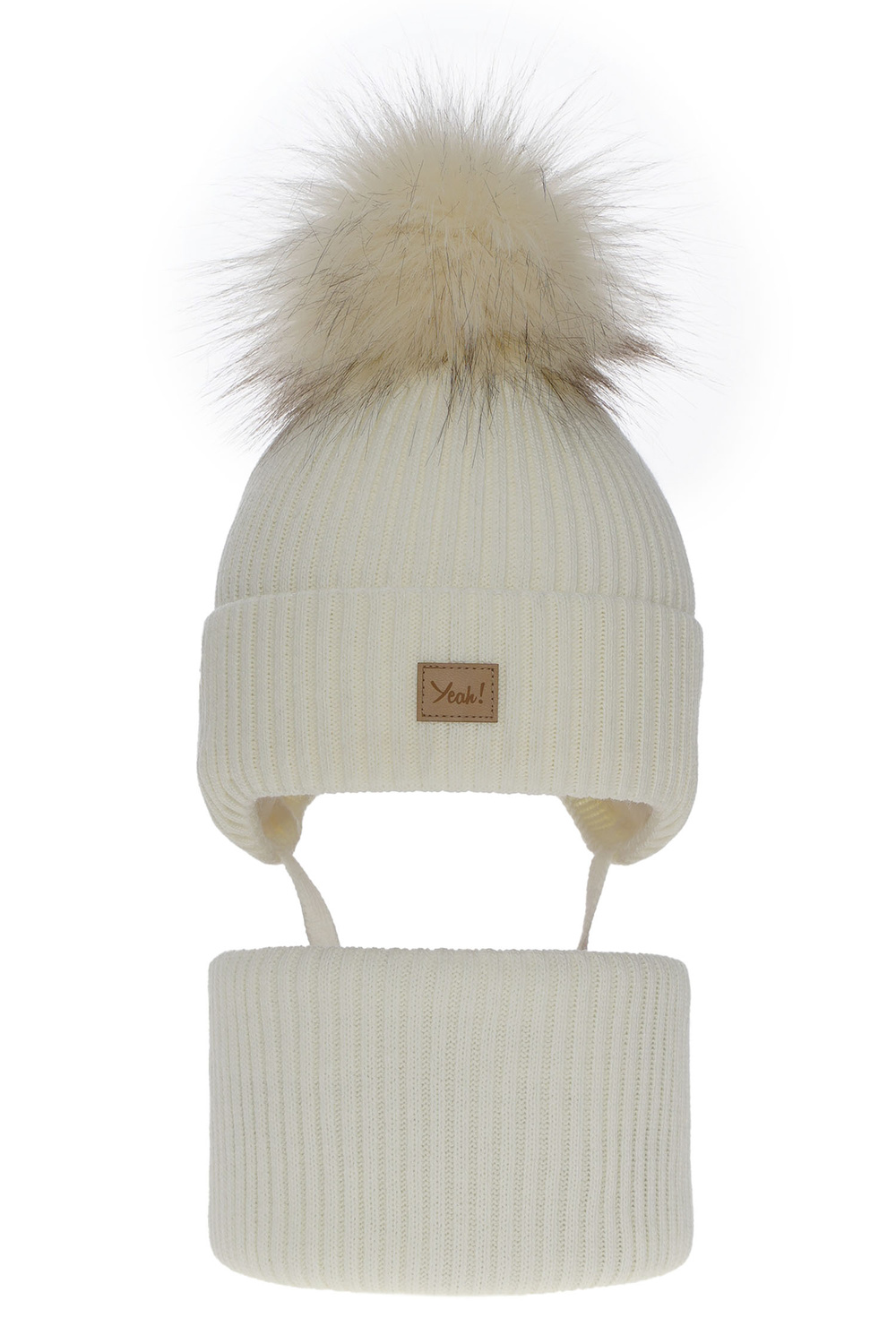 Ensemble d'hiver fille: bonnet et snood, crème, avec pompon, Dilajla
