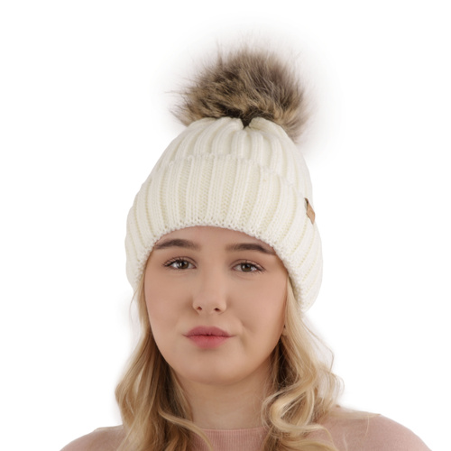 Bonnet d'hiver femme, beige, avec pompon, Europa
