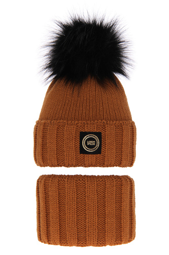 Ensemble d'hiver fille: bonnet et snood, brun, avec pompon, Hendi