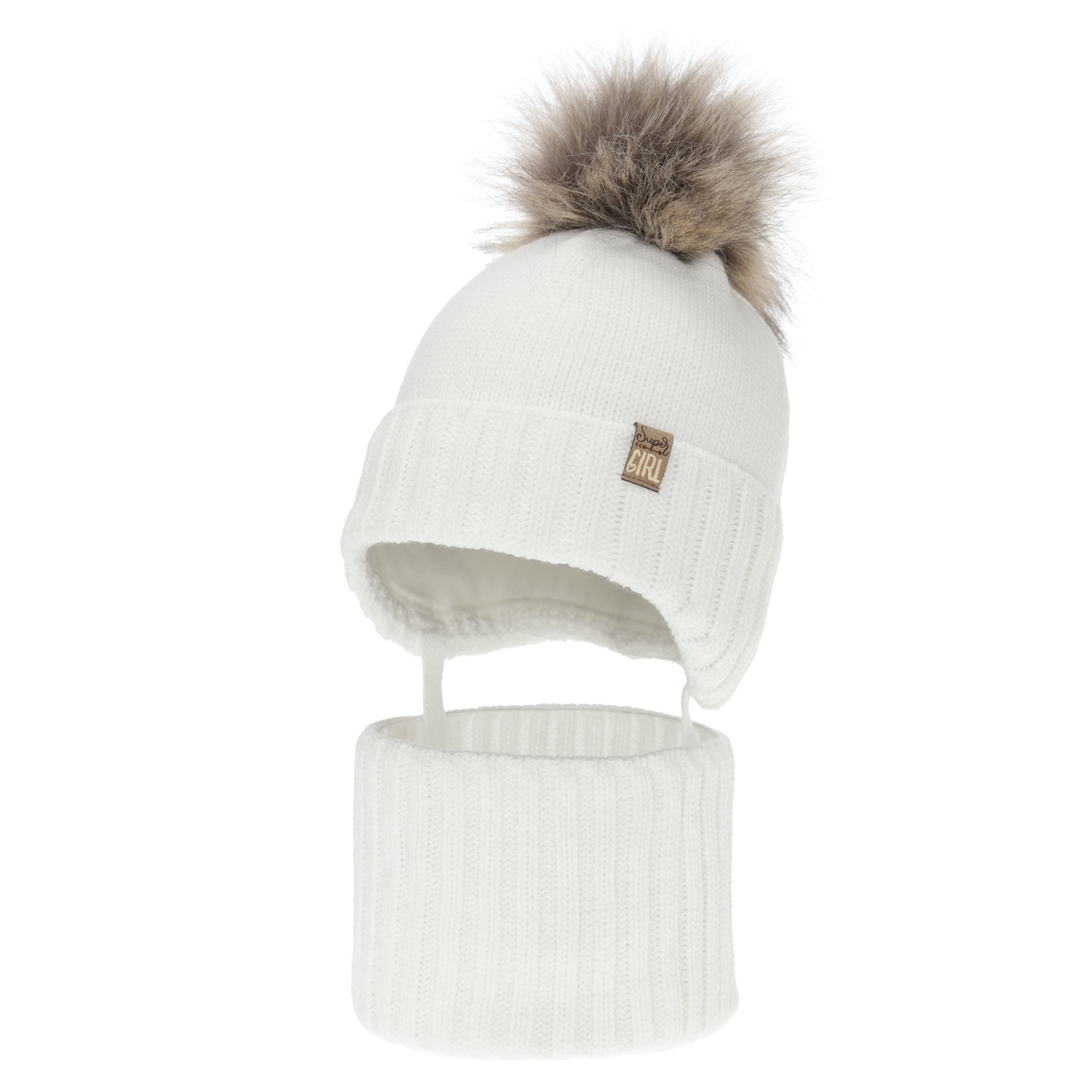 Ensemble d'hiver fille: bonnet et snood, blanc, avec pompon, Primula