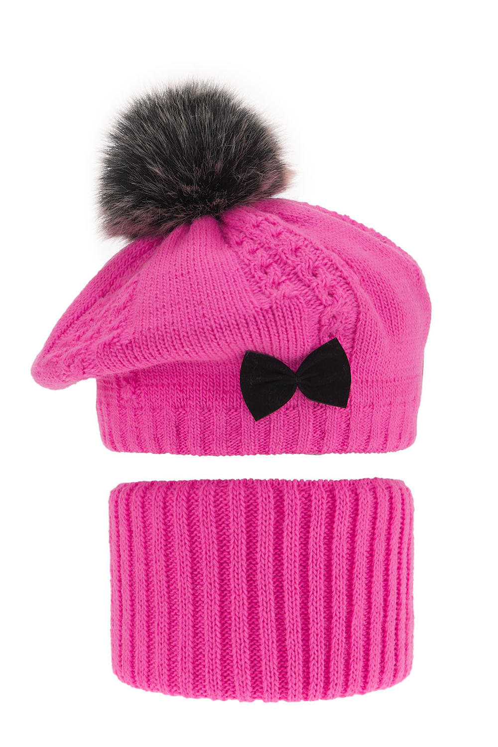 Ensemble d'hiver fille: beret et snood, rose, avec pompon, Amora