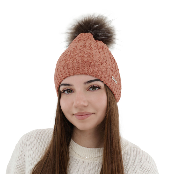 Bonnet d'hiver femme, rose, avec pompon, avec laine mérinos, Satina