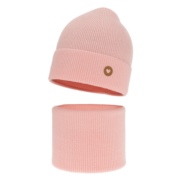Ensemble automne/printemps fille: bonnet et snood, rose clair, avec laine mérinos, Brook
