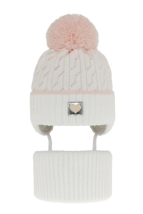 Ensemble d'hiver fille: bonnet et snood, blanc, avec pompon, Natka