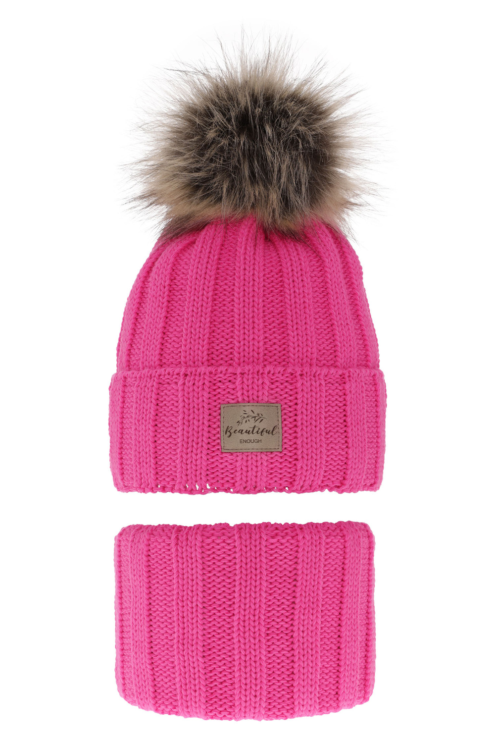 Ensemble d'hiver fille: bonnet et snood, rose, avec pompon, Kaliope