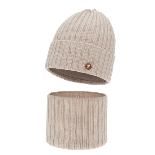 Ensemble d'hiver fille: bonnet et snood, beige, 100% laine mérinos, doublé de coton, Vanira