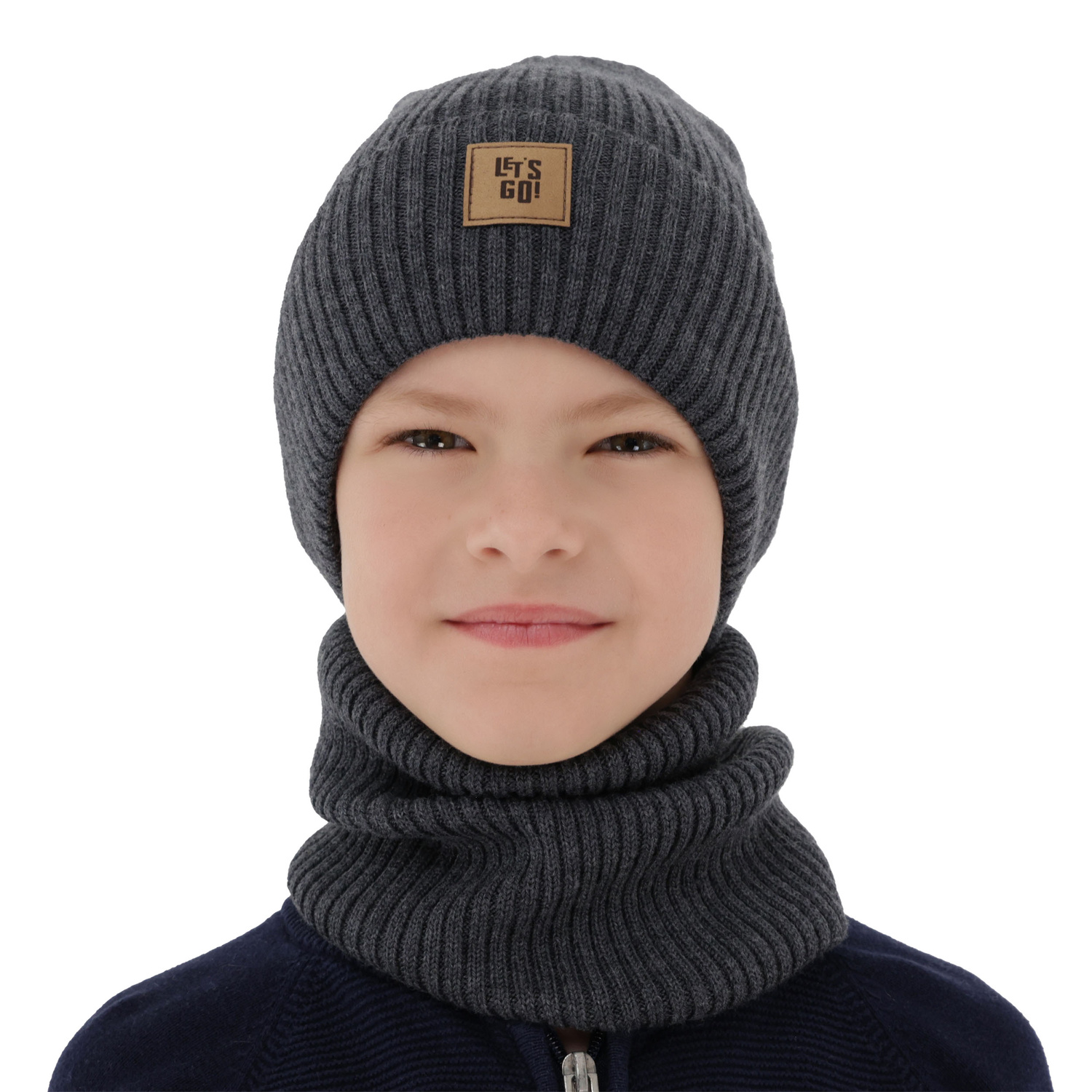 Ensemble automne/printemps garçon: bonnet et snood, gris, avec laine mérinos, Vanto