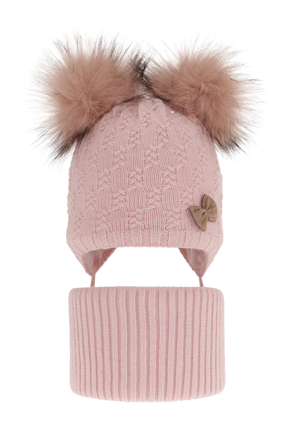 Ensemble d'hiver fille: bonnet et snood, rose, avec deux pompons, avec liens, Bettina