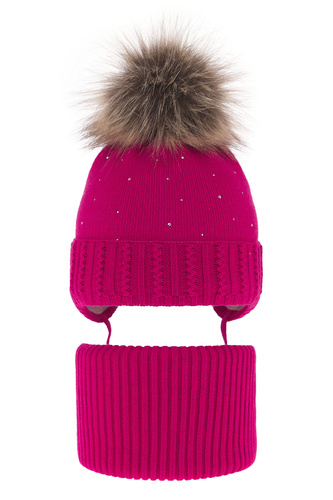 Ensemble d'hiver fille: bonnet et snood, rose, avec pompon, Renia