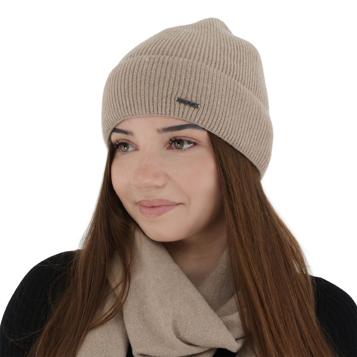 Bonnet d'automne/hiver femme, beige, avec laine mérinos et cachemire, Sindra