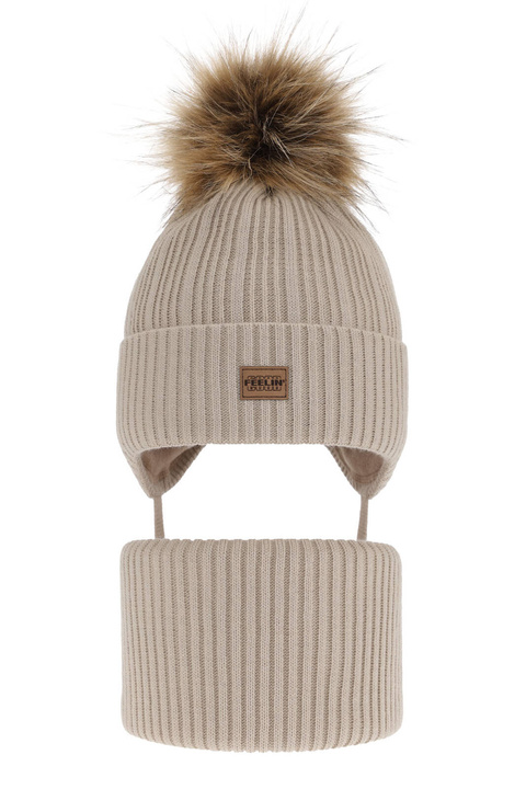 Ensemble d'hiver garçon: bonnet et snood, beige, avec pompon, Eger