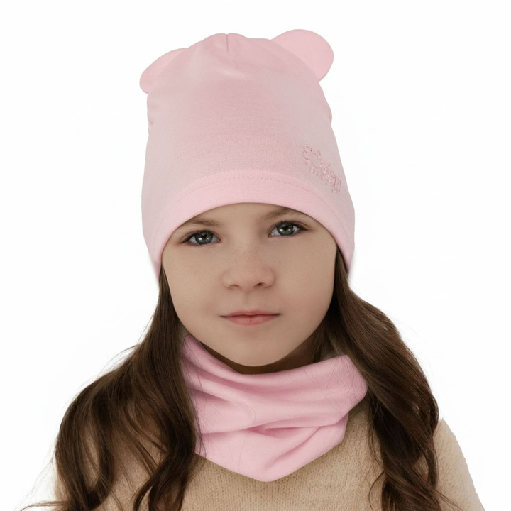 Ensemble automne/printemps fille: bonnet et snood, rose, en coton, Cyntia