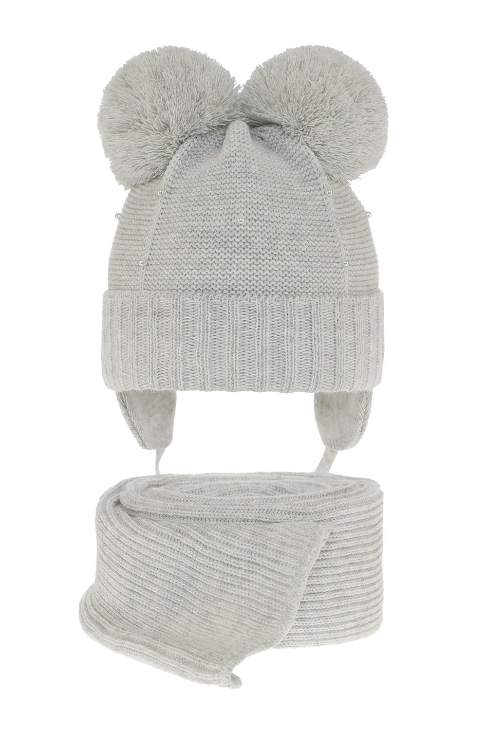 Ensemble d'hiver fille: bonnet et écharpe, gris, avec deux pompons, avec liens, Fibien