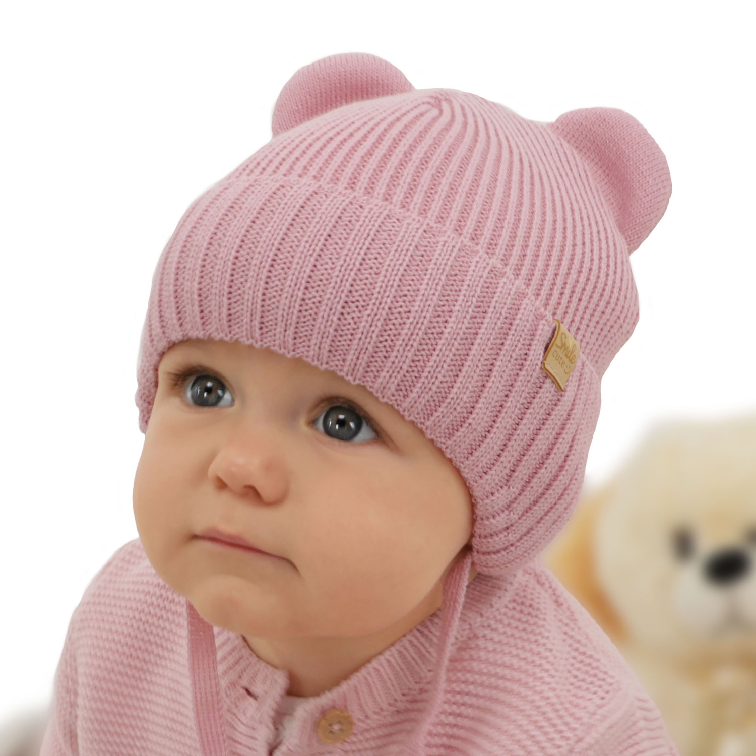 Bonnet d'hiver fille, rose, avec liens, avec laine mérinos, Shira