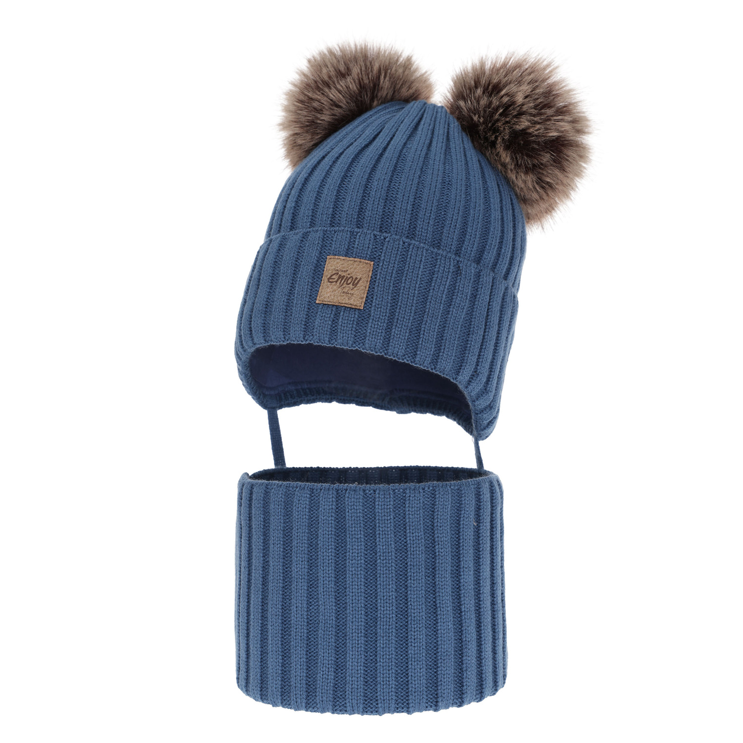 Ensemble d'hiver garçon: bonnet et snood, bleu, avec deux pompons, avec liens, Orange