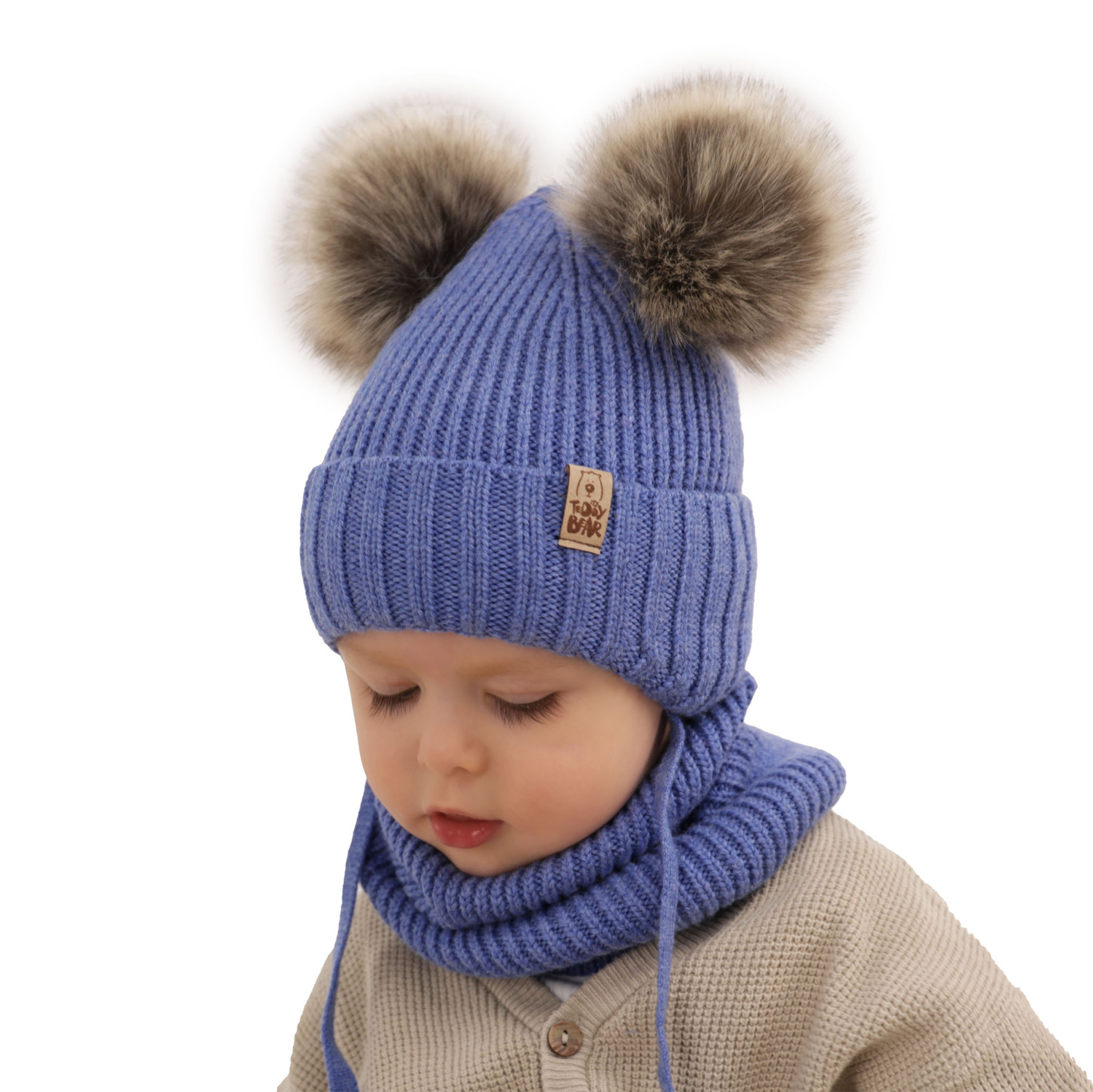 Ensemble d'hiver garçon: bonnet et snood, bleu, avec liens, 100% Laine Mérinos Extrafine, Konor