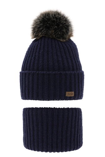 Ensemble d'hiver garçon: bonnet et snood, bleu marine, avec pompon, Wonder