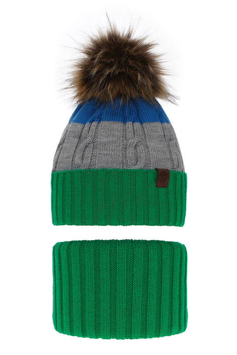 Ensemble d'hiver garçon: bonnet et snood, vert, avec pompon, Karmel