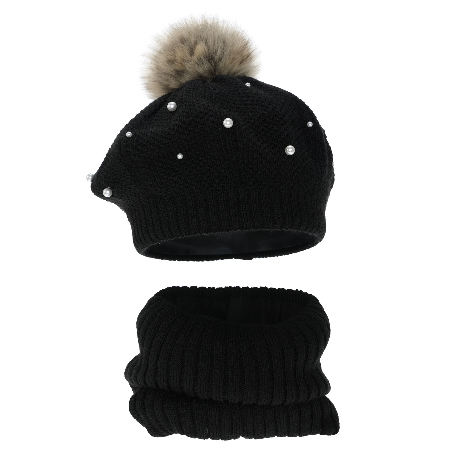 Ensemble d'hiver fille: béret et snood, doublé de polaire, crème, avec pompon, Jeanette