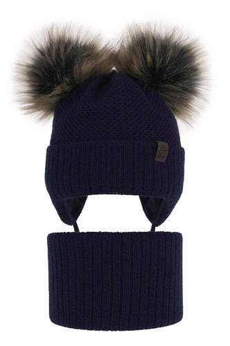 Ensemble d'hiver garçon: bonnet et snood, bleu marine, avec deux pompons, Randel